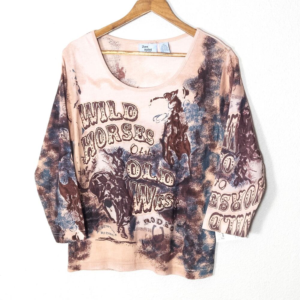 Jane Ashley Long Sleeve Top Size L Cream Western Cowgirl Graphic Print